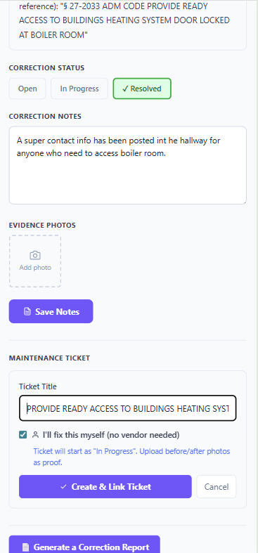Create and Link Maintenance Ticket form with title pre-filled and self-fix checkbox checked